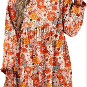 Woman’s XXL boho floral babydoll mini dress flowy swing shift dress long sleeve